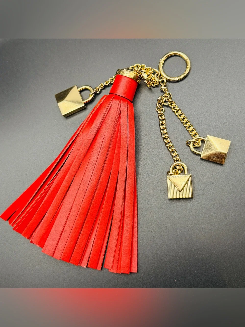 Michael Kors Red Leather Tassel Key Charm with Gold Accents